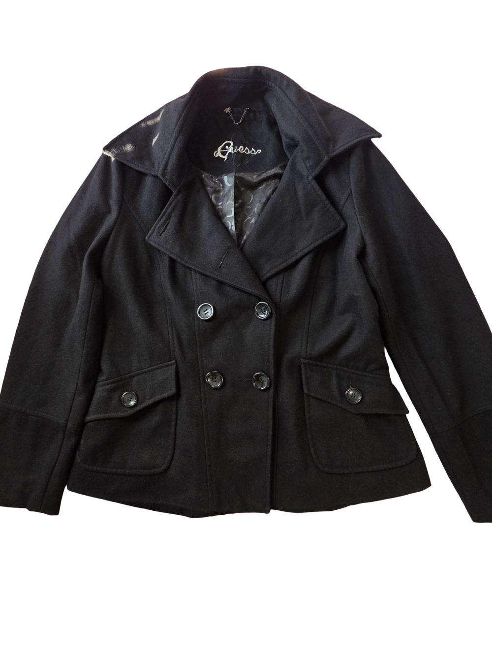 Guess Double-Breasted Black Wool Peacoat